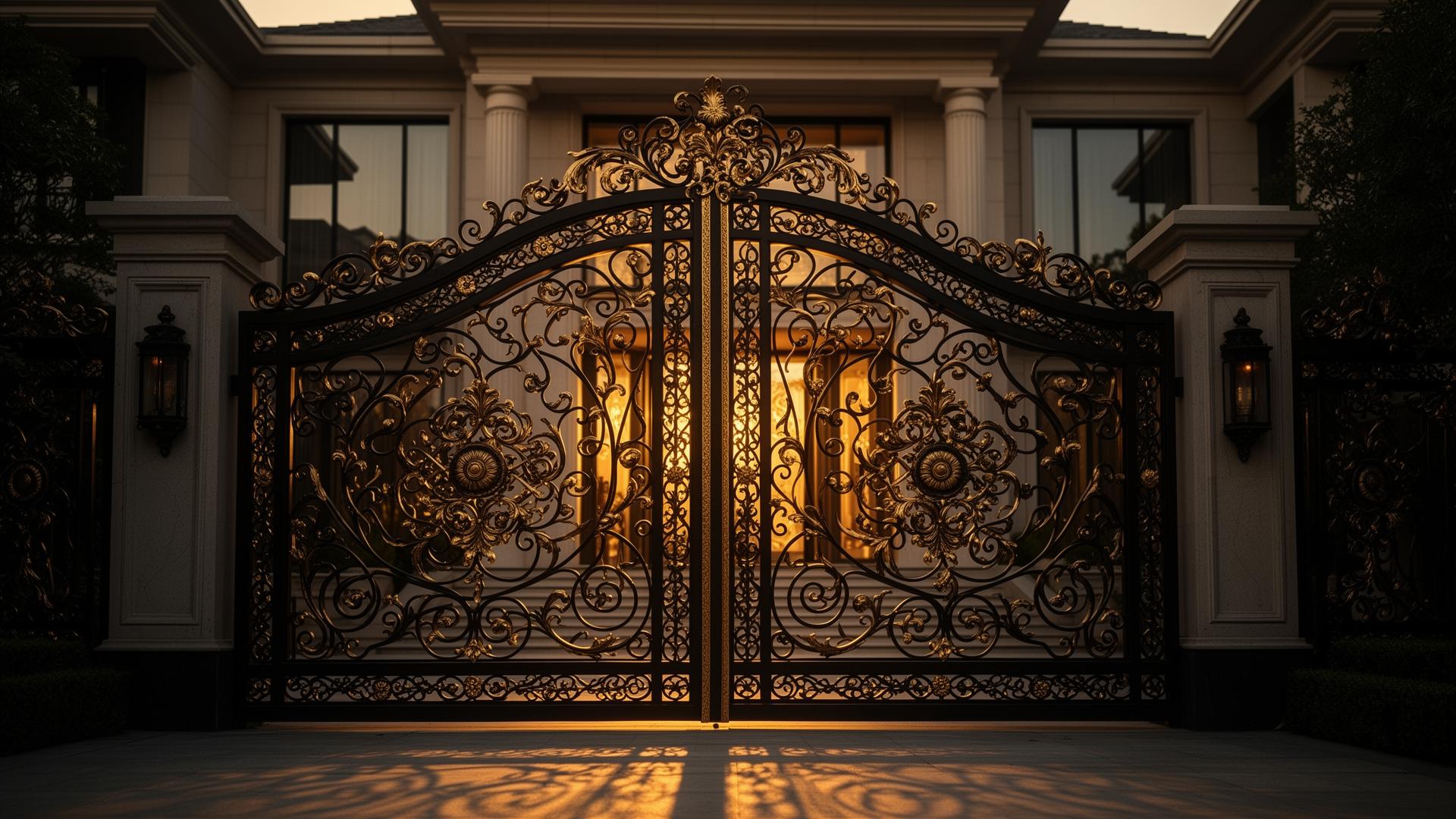 Custom ornamental wrought iron gate with gold accents at a luxury estate